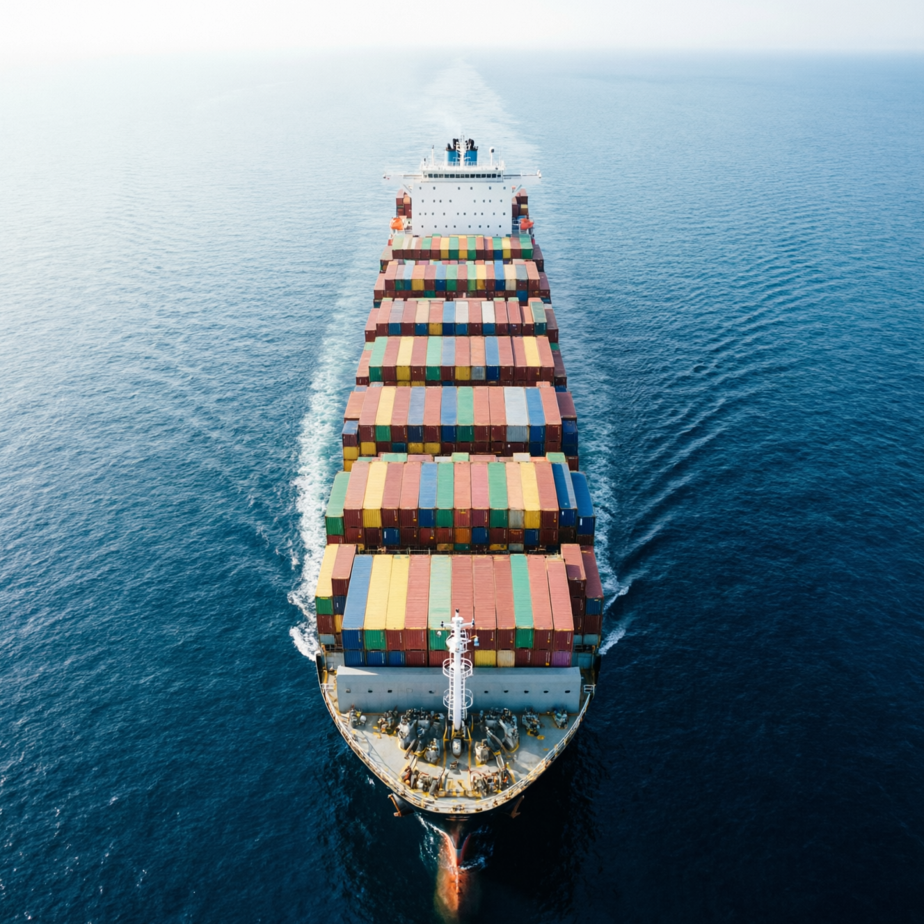 Top view of container vessel at sea